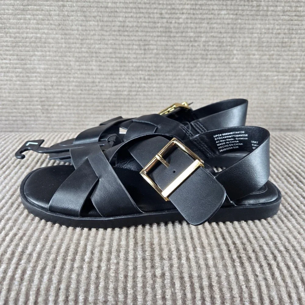 Time and Tru Women Size 7‎ Black Olive Green X Band Buckle Memory Foam Sandals
